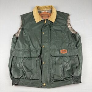 Vintage Woolrich Waxed Plaid‎ Wool Lined Vest Corduroy Collar Green Mens Size L